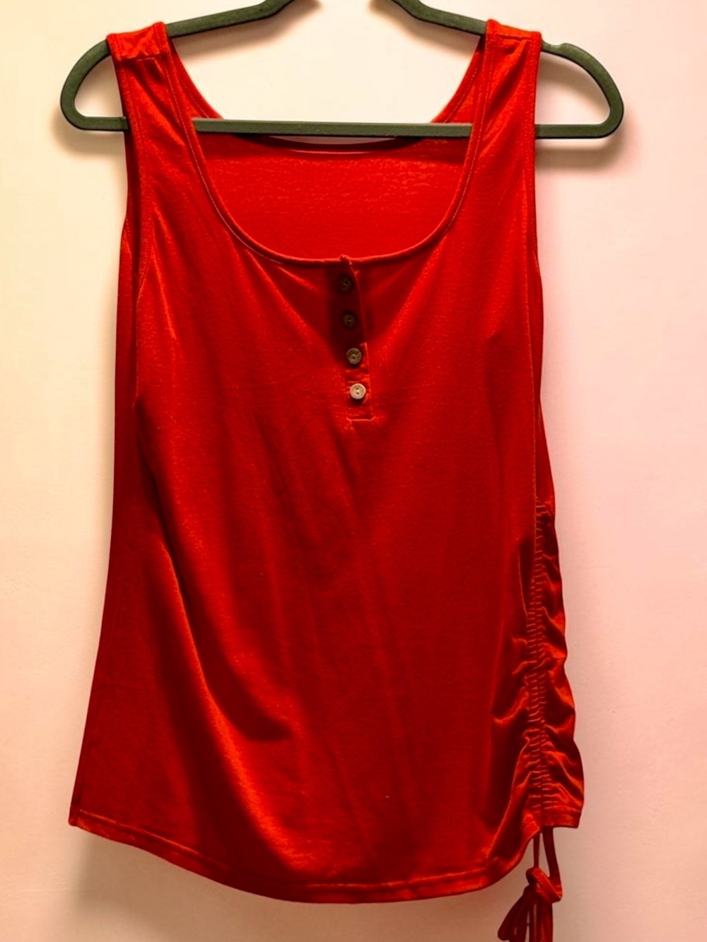 Red Orange Sleeveless Button Front Ruched Side Tie Top - L